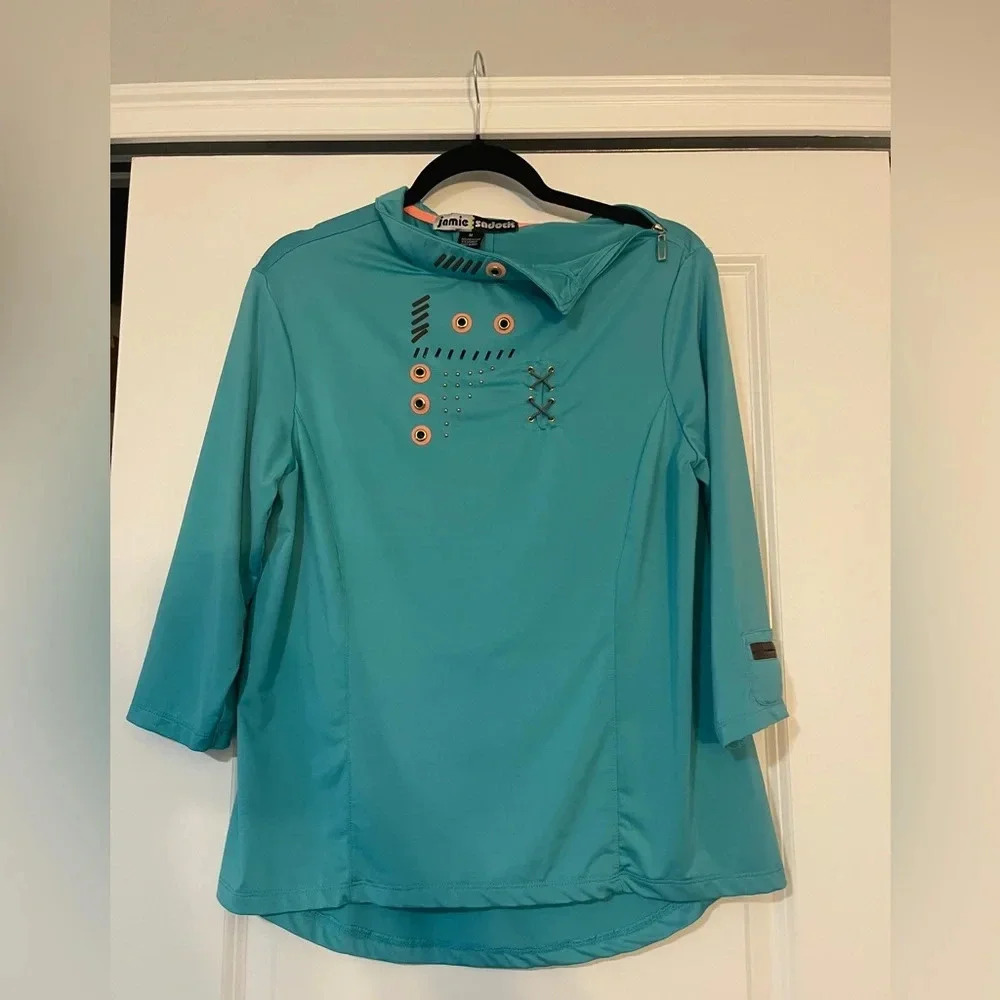 Jamie Sadock 3/4 Sleeve Side Neck Zip Aqua Blue Golf Top Size Medium